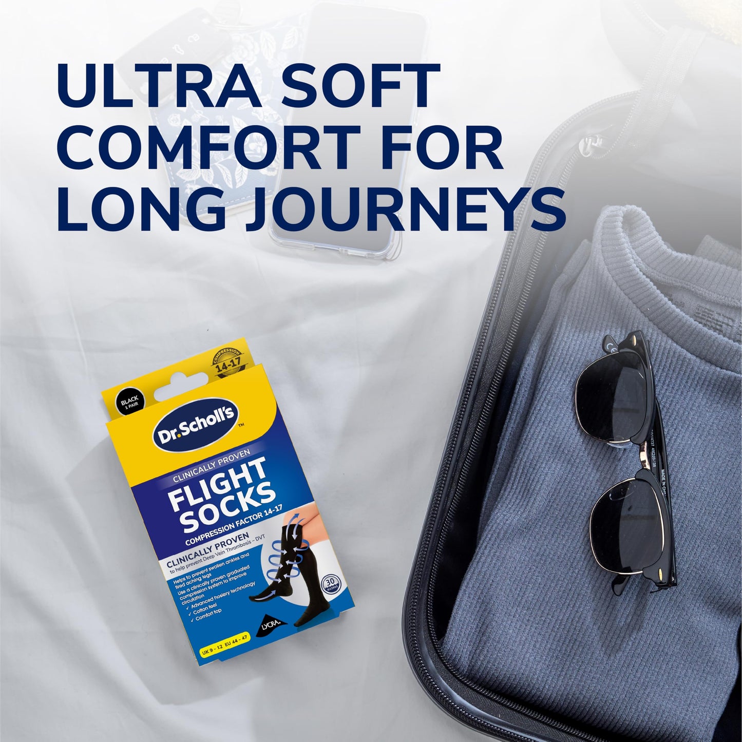 Scholl Flight Socks - Clinically Proven Compression Socks for Flight Travel - Help Prevent Swollen Ankles and Deep Vein Thrombosis (DVT) - Sheer - Size 9-12, 1 Pair