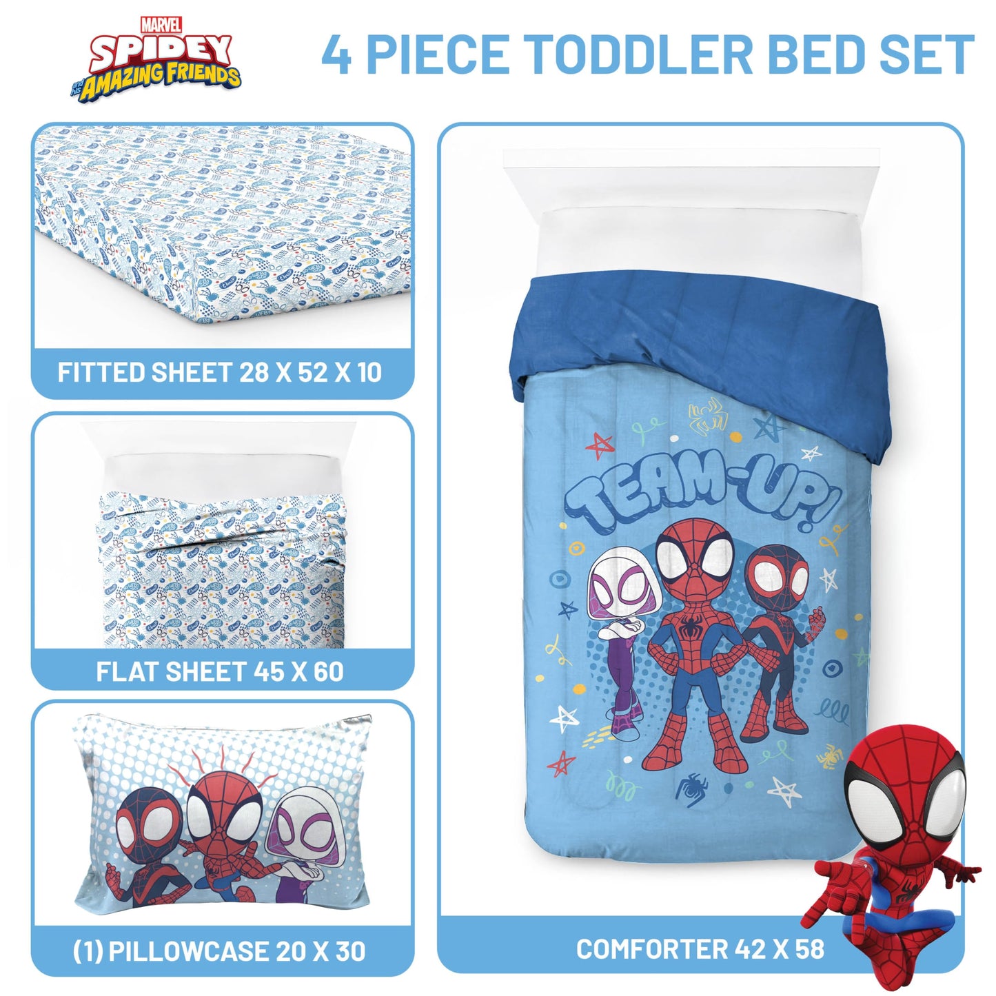 Jay Franco Kids Comforter Set Includes Sheets and Pillow Covers - Soft and Cozy Bed Set for Stylish Room Decor, Light Blue - Spidey & His Amazing Friends, 4 Piece Toddler
