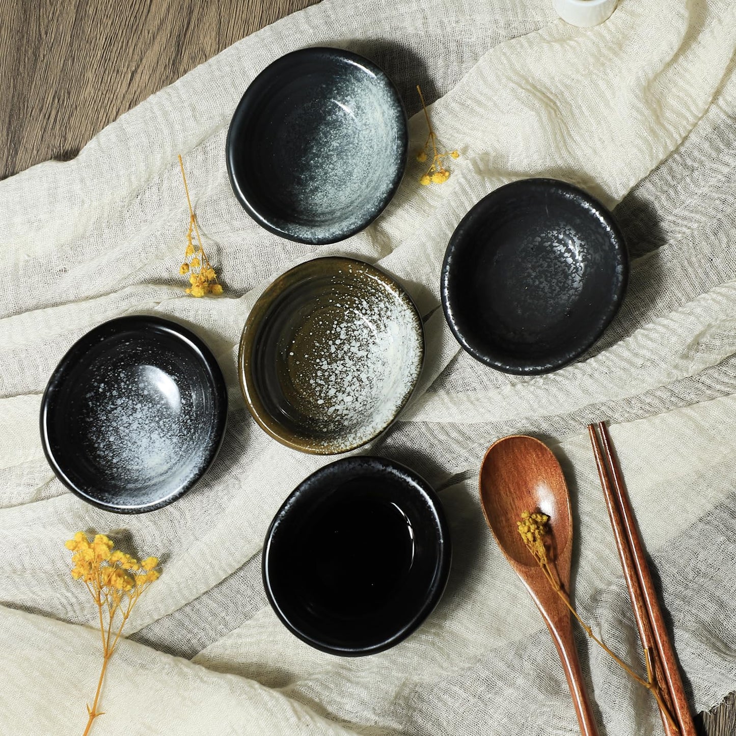Bicuzat Set of 5 Japanese Vintage Style Ceramic Side Dishes - Retro Black Seasoning Dishes - 3.5 Inch
