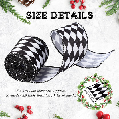 Luinabio 3 Rolls 30 Yard 2.5 Inch Christmas Black White Harlequin Ribbon Checkered Wired Ribbon Decorative for Xmas Fall Tree Wrapping Wreath Bouquet Crafts (Classic Style)