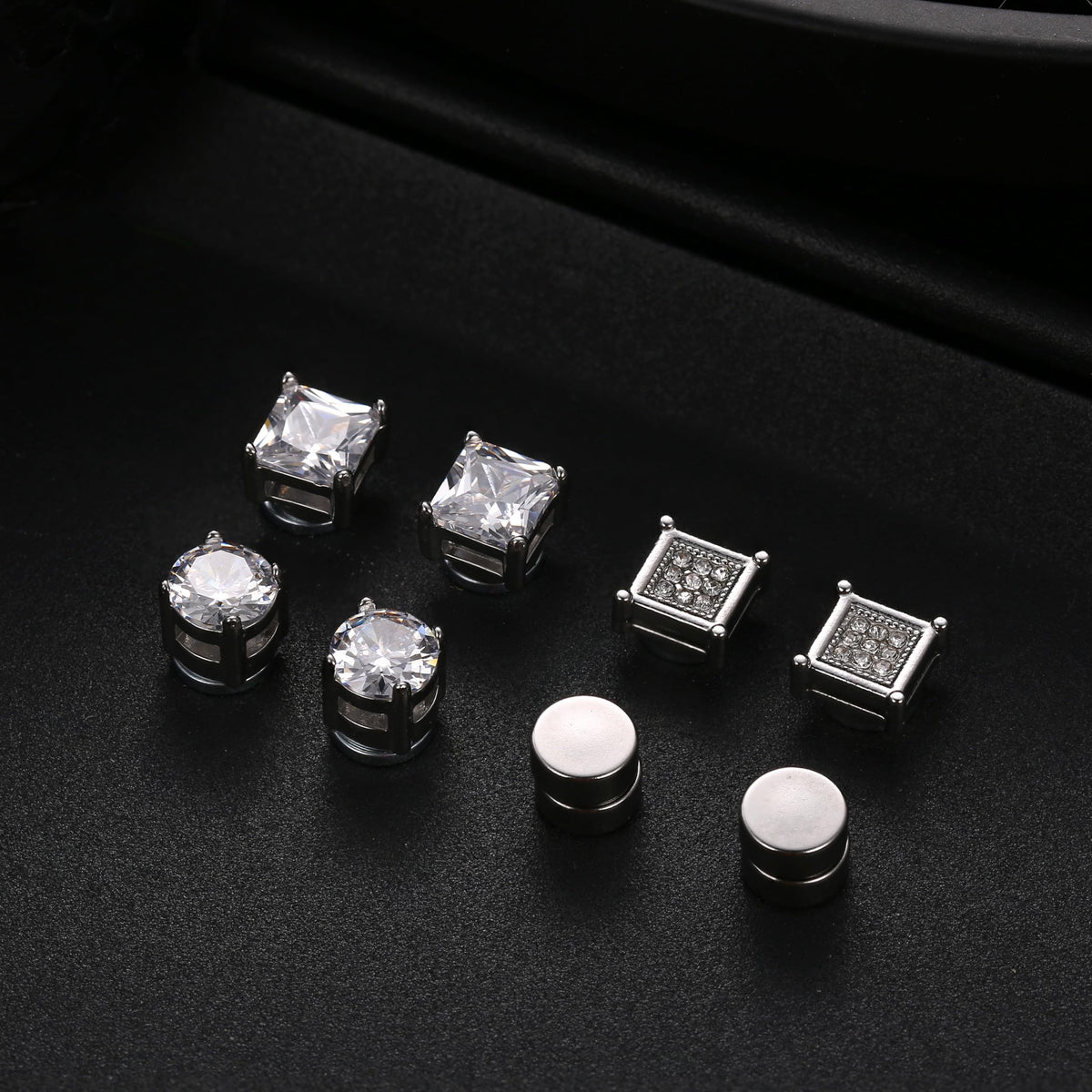 Jstyle 4 Pairs Stainless Steel Magnetic Stud Earrings for Men Women Silver Tone CZ Non-Piercing Clip On Stud Earrings Set 6-8MM