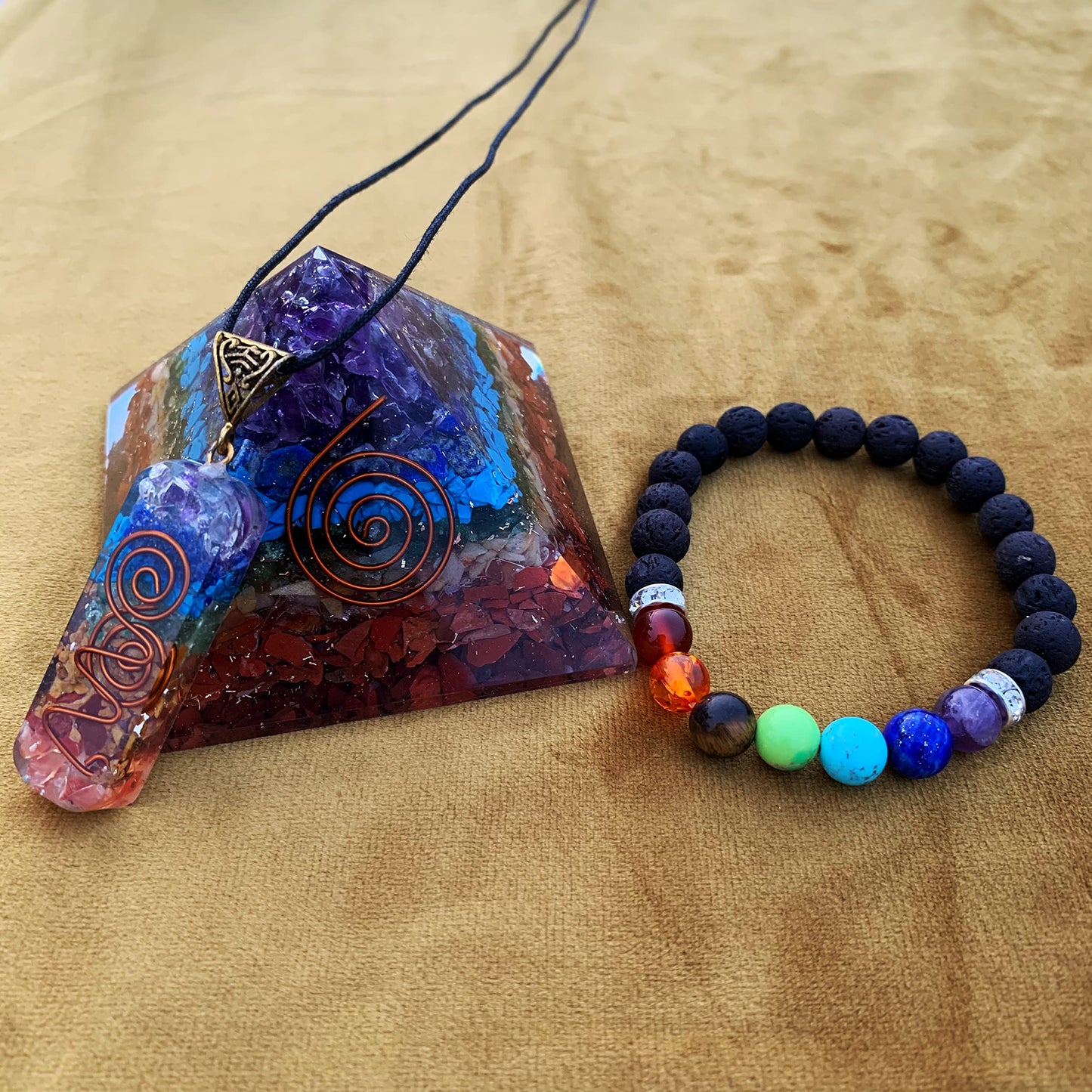 3 in 1 Orgone Pyramid for E-Energy Protection & Healing- meditation orgonite pyramids with Pendant and Bracelet set/crystal chakra set (7 Chakra Medium)