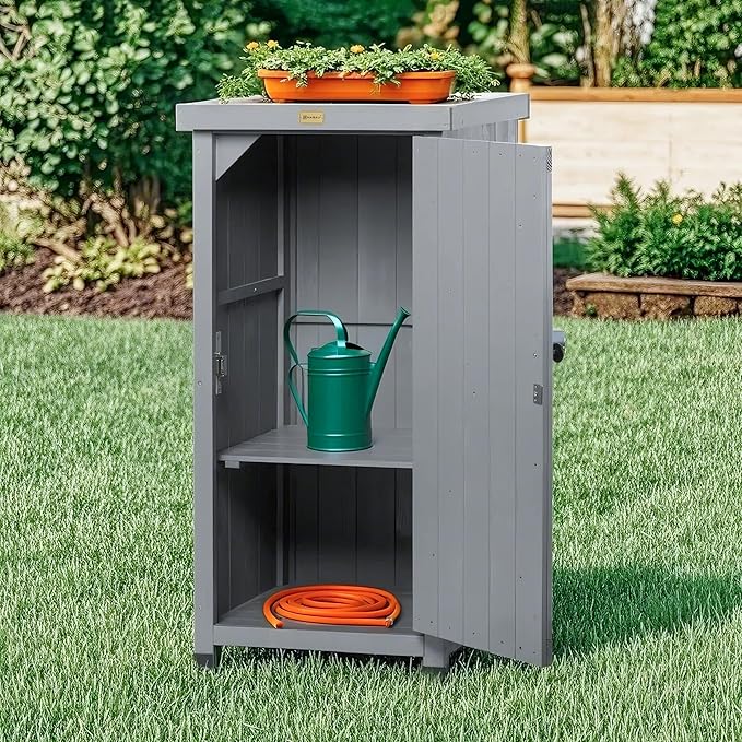 HABAU Outdoor Storage Cabinet for Patio, Garden Potting Bench Table with Shelves & Metal-Tabletop, Wooden Planting Work Station, Weatherproof