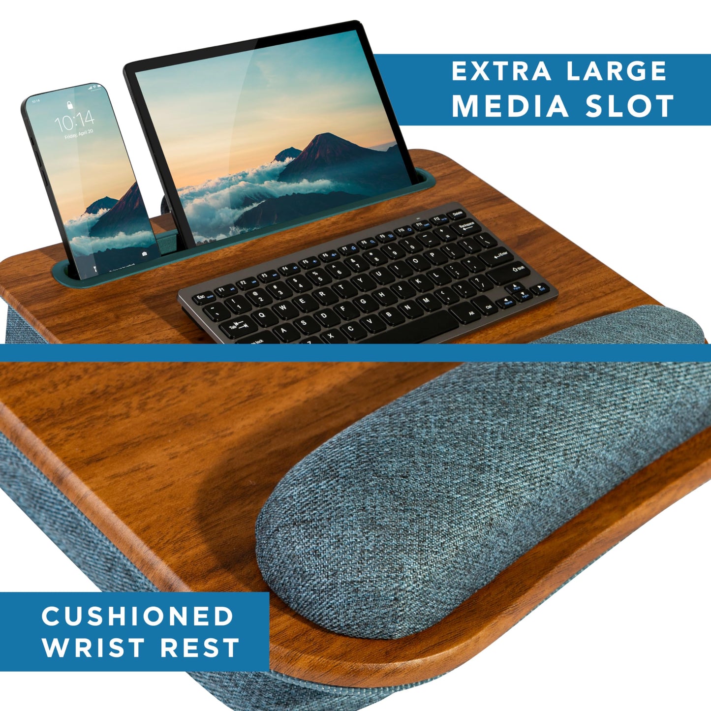 LAPGEAR Portable Laptop Lap Desk with Pillow Cushion, Anti-Slip Strip, Tablet or Phone Storage Slot, Pen and Pencil Pocket, and Wrist Rest - Espresso Woodgrain - Fits 15.6" Laptops - Style No. 91342