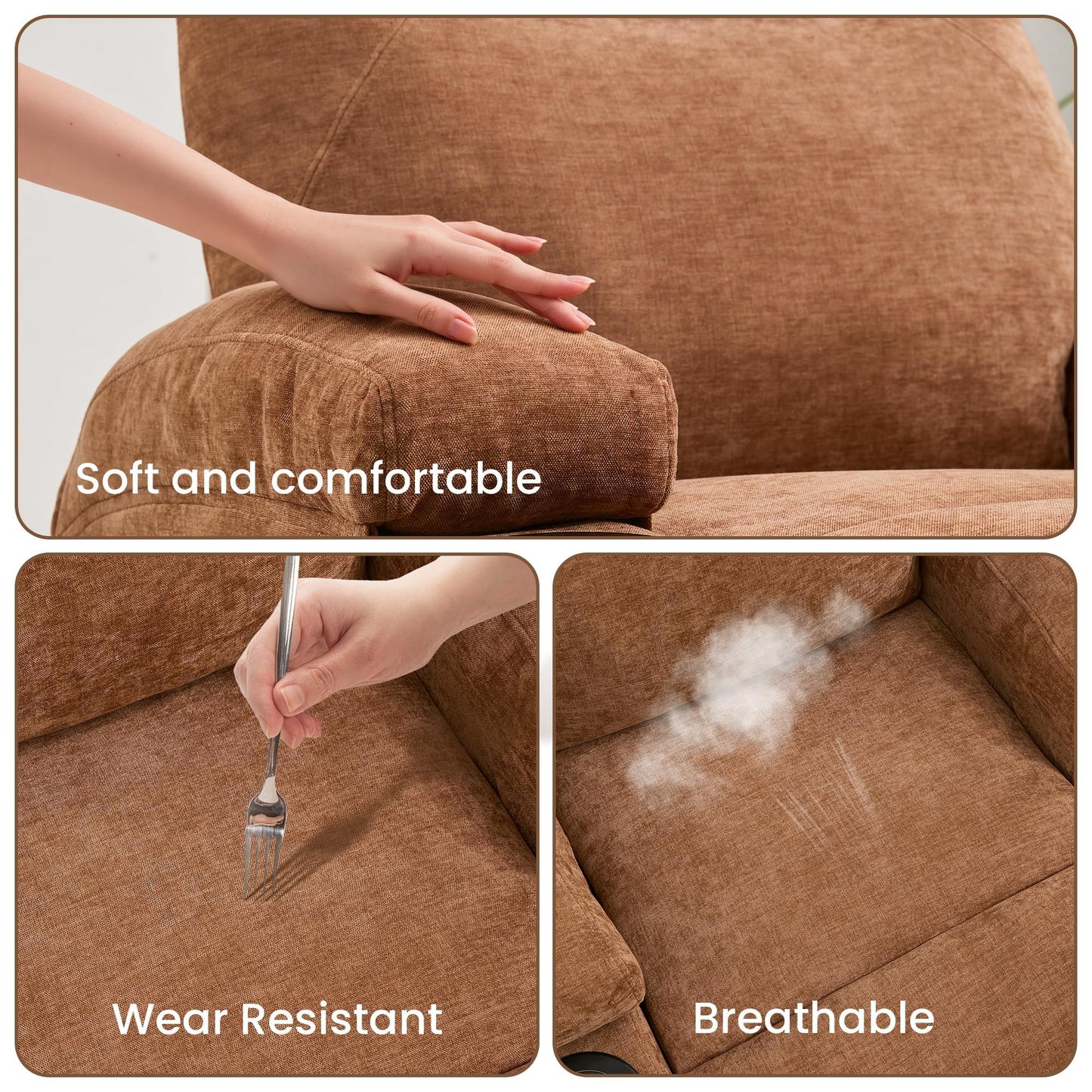 360° Swivel Rocker Recliner Chair for Adults with Massage & Heat, Manual/Electric Glider Reclining Lounge Chair for Living Room, Bedroom, Nursery, Comfortable Fabric Recliner, Light Brown