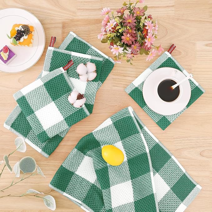 Homaxy 100% Cotton Waffle Weave Check Plaid Dish Cloths, 12 x 12 Inches