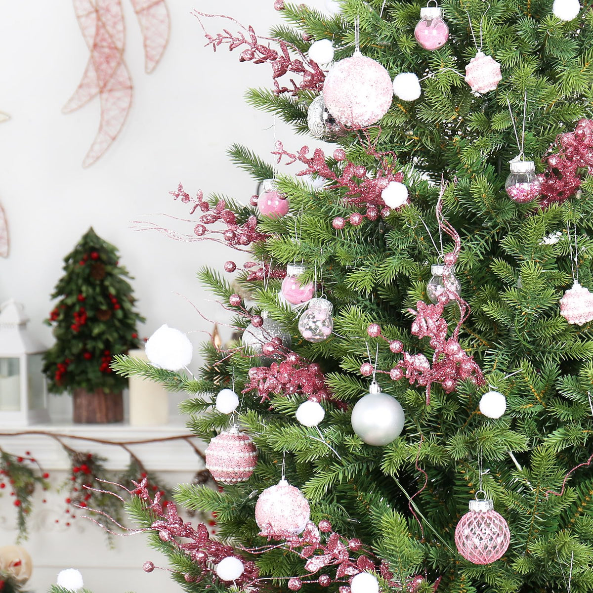 24 Pack Christmas Tree Decorations Picks and Sprays, Christmas Ornaments Artificial Glitter Berry Stems Branches Picks Twigs for Xmas Tree Vase Filler Home Holiday Decor (Pink-A)