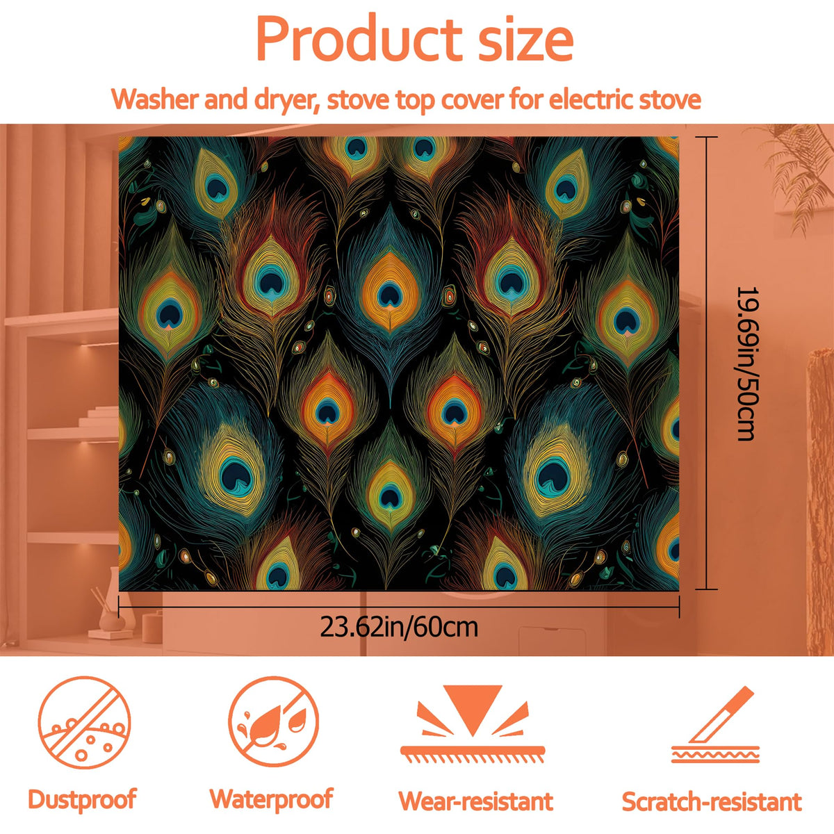 Green Peacock Feathers Washer and Dryer Covers for the Top, Non Slip Washing Machine Cover, Thickened & Dust Proof & Quick Drying Cover for Home Laundry Kitchen (23.6 x 19.7Inch)