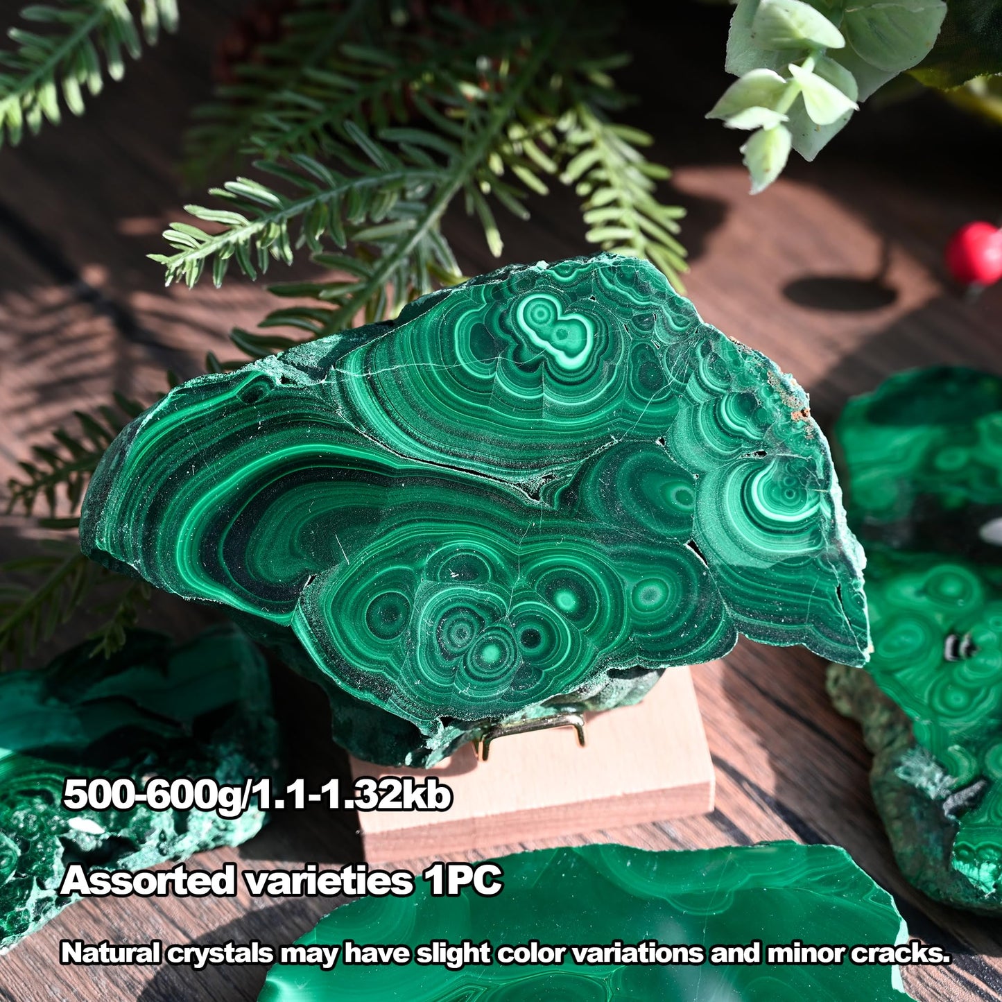 CrystalHola Natural Malachite Slab 1.1-1.32lb (500-600g), Premium Polished Malachite Slice Healing Crystal Stone, Green Mineral Specimen for Home Decor, Reiki, Meditation, Crystal Collection