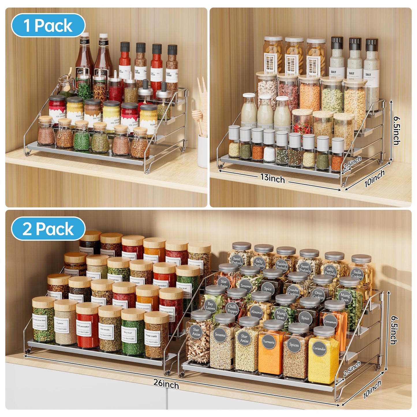 BOIVSHI Heavy Duty Spice Rack for Cabinet, Space Saving 4 Tier Spice Organization for Cabinet, Adjustable Depth Spice Shelf for Cabinet, Counter, Pantry - Chrome, 2 Pack