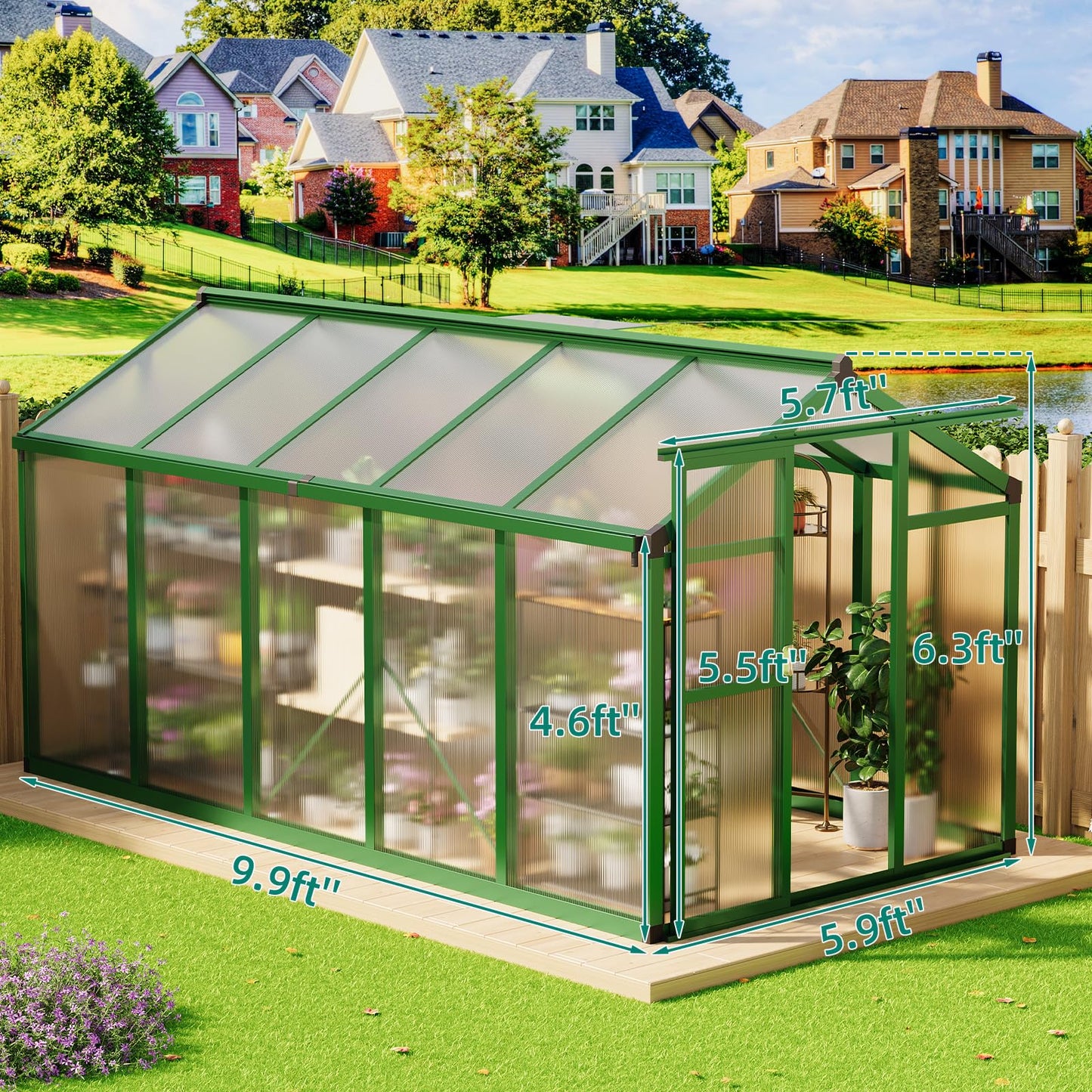 Garvee 6x10 ft Greenhouse - Aluminum Greenhouses for Outdoors, Large Polycarbonate Greenhouse with Roof Vent, Heavy Duty Walk-in Green Houses for Outside Garden, Backyard, Patio, Lawn, Easy Assembly