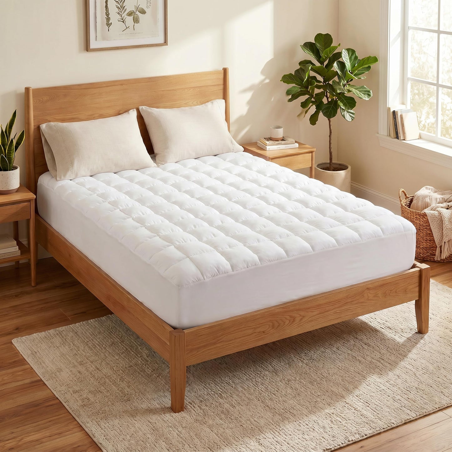 Intelligent Design Twin Mattress Pad, Overfilled High Density Down Alternative Fill, Extra Fluffy 3D Puff Mattress Topper Soft Microfiber Mattress Cover, Fitted Pocket Fits Up to 18", Full, White