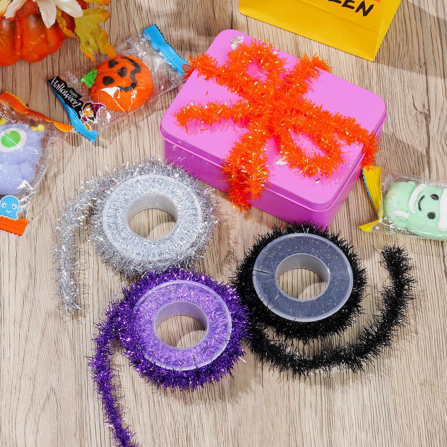 Tongcloud 4 Rolls Halloween Metallic Tinsel Garland - Glitter Ribbon (Orange, Purple, Black, Silver, 9.8ft x 0.7in)