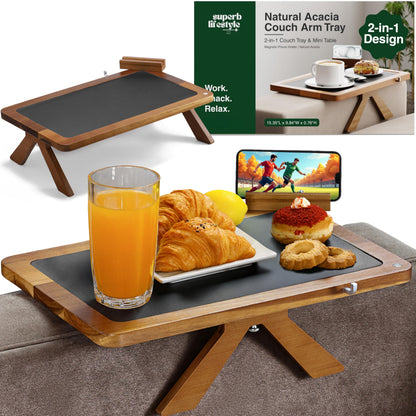 Acacia Couch Arm Tray Table – 2 in 1 Adjustable Couch Arm Table Fits Most Sofa Arms with 360° Rotating Phone Holder, Wire Holder & Non-Slip Mat – Elegant Sofa Tray for Snacks & Coffee