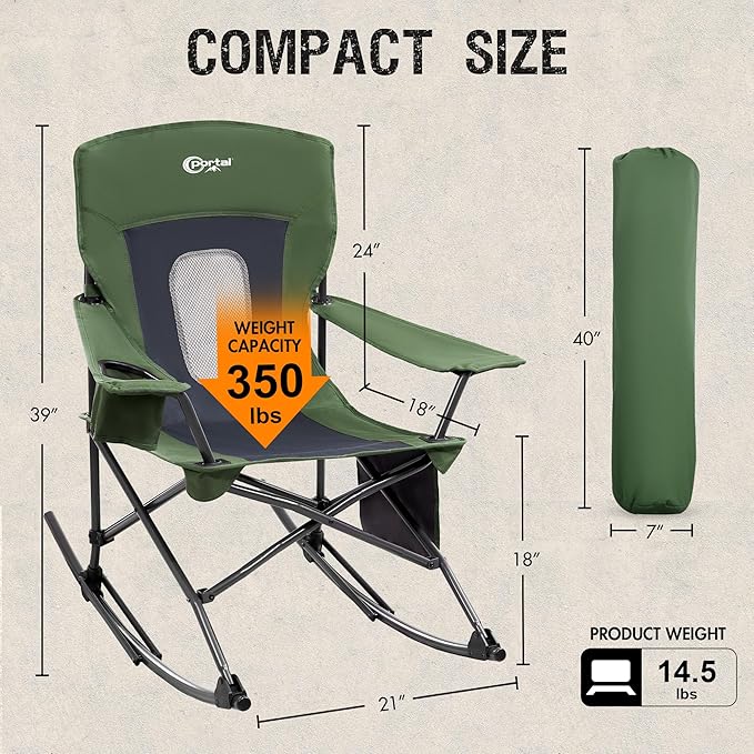 Portal Outdoor Rocking Chair Camping Folding Portable Rocker with Cup Holder Side Pocket Carry Bag, Support 350LBS (Mesh Green)