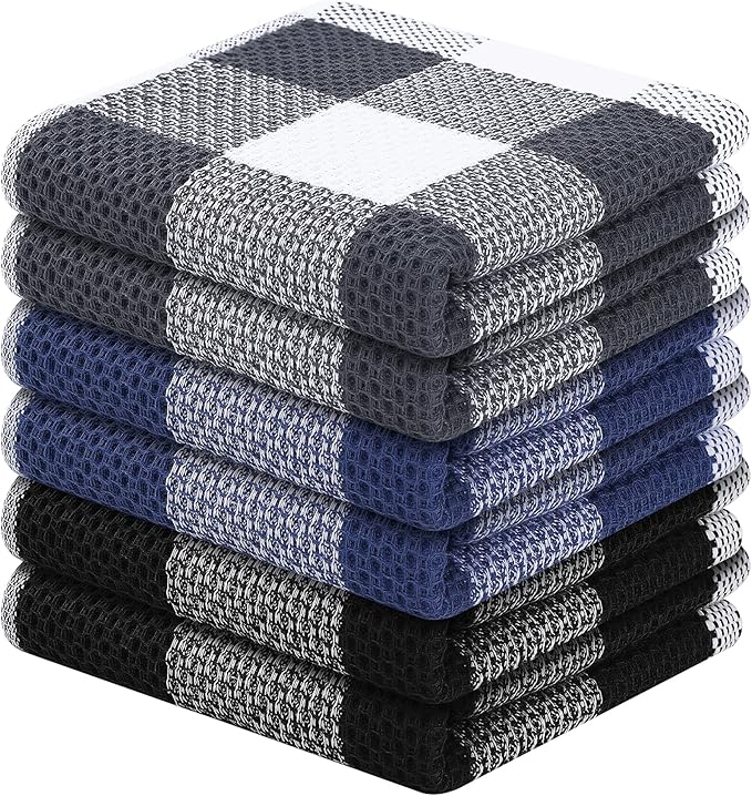 Homaxy 100% Cotton Waffle Weave Check Plaid Dish Cloths, 12 x 12 Inches