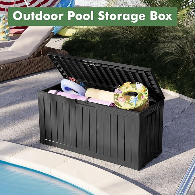 Outdoor Storage Box, Resin Deck Boxes Indoor and outdoor, Waterproof Storage Box Lockable Lid (Black, 85 Gallon)