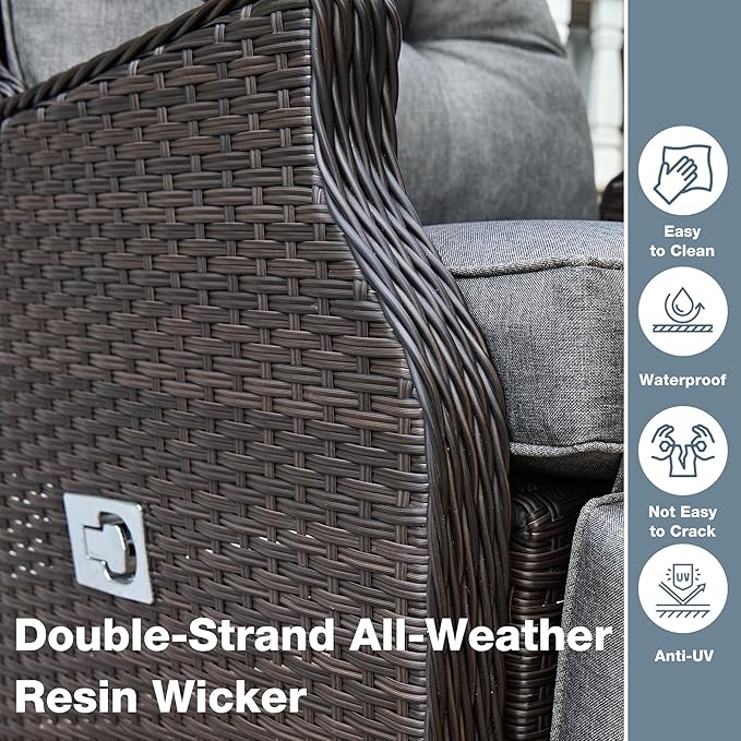 Outdoor Indoor Wicker Recliner with Adjustable Back and Footrest, Patio Reclining Chair with Flip-up Table, Outdoor Rattan Lounge Chair, Grey 2PCS