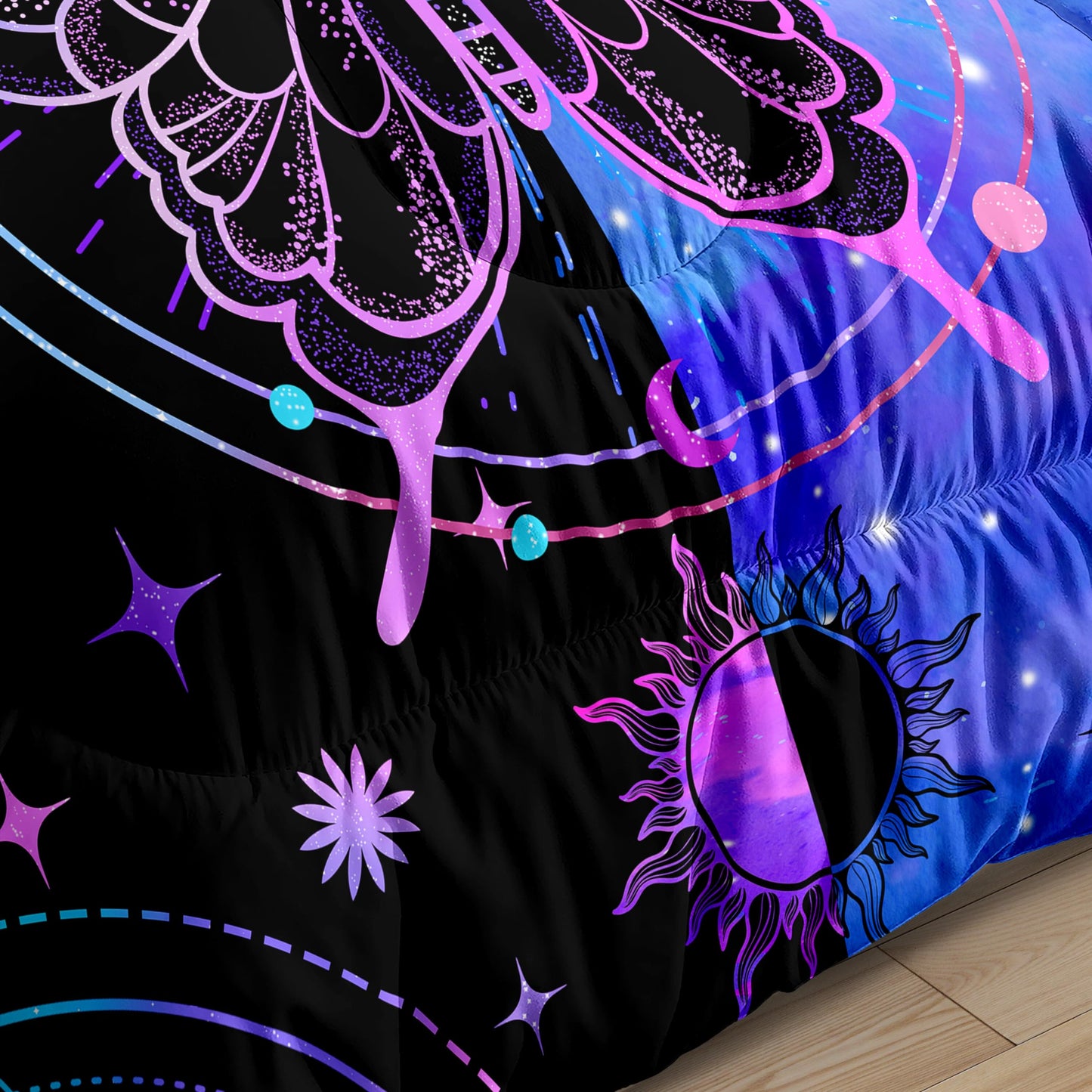 FJKJHKGJ Butterfly Comforter - Butterfly Bed Set - Butterfly Comforter Set for Girls Women Bed Girls Twin Bedding Set Black Blue Butterflies with Sun and Moon Printed Quilt Sets with 1 Pillowcase