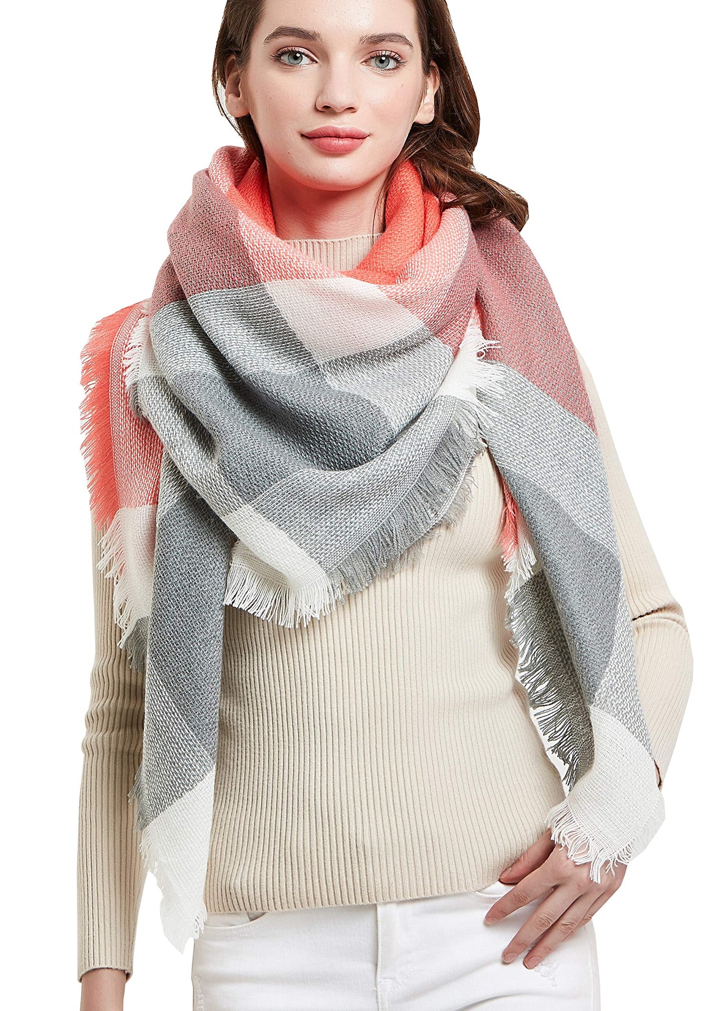 Wander Agio Womens Warm Blanket Scarf Square Shawls Infinity Scarves Stripe Plaid Orange Colour 9