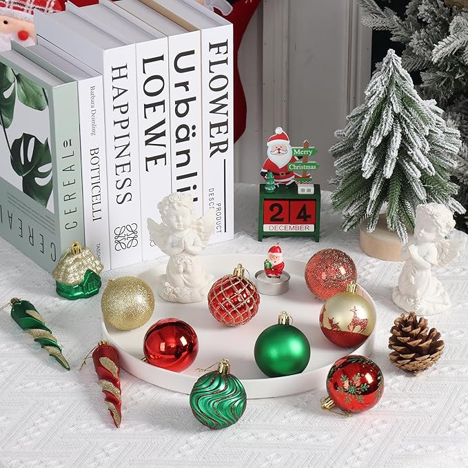 124Ct Red Green and Gold Christmas Ornaments for Tree Set, Shatterproof Assorted Christmas Decorations for Xmas Tree Snowflake Icicle House Ball Ornaments Baubles for Holiday Decor（Red Green Gold）