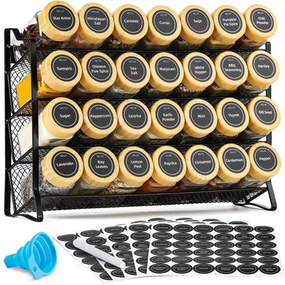 AOZITA Spice Rack Organizer for Cabinet, Spice Organizer with 28 Empty Spice Jars with Black Lids, Funnel, Spice Labels, Seasoning Organizer for Countertop, Cabinet, Kitchen, Pantry, Cupboard