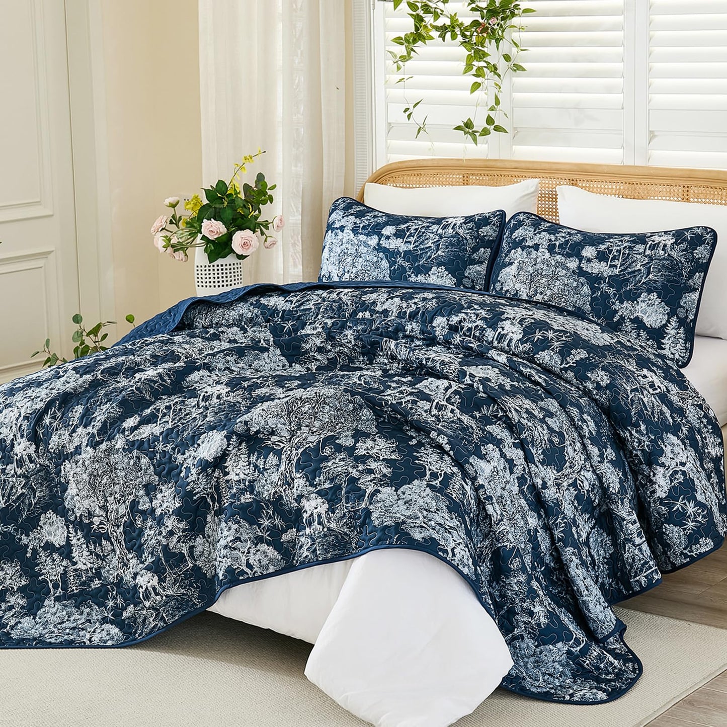 WONGS BEDDING Quilt Set Queen Size,3 Pieces Navy Blue Floral Plants Printed Bedspread Coverlet Set Soft Lightweight Toile Botanical Bedding Set for All Season (96"x90")