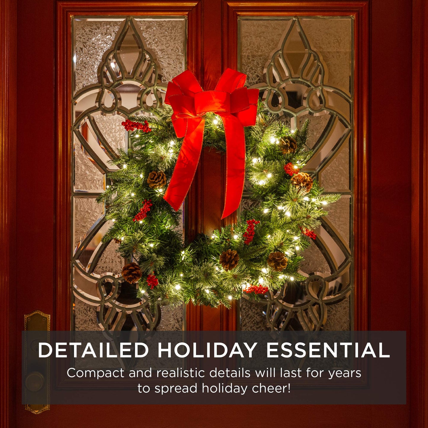 Best Choice Products 24in Pre-Lit Battery Powered Christmas Wreath Artificial Pre-Decorated Holiday Accent w/ 70 Lights, 96 PVC Tips, Ribbons, Pine Cones