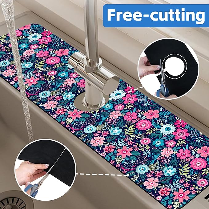 Modern Blue and Pink Floral Sink Faucet Absorbing Mat Sink Splash Guard Faucet