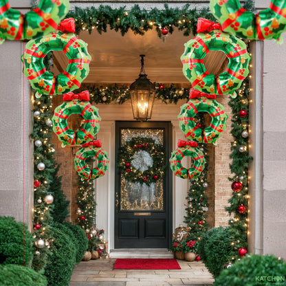 KatchOn, Large Christmas Wreath Foil Balloons – Pack of 8 | Christmas Decorations Indoor | Green Foil Balloons with Red Bow for Holiday Celebrations, Family Gatherings | Indoor Outdoor Festive Décor