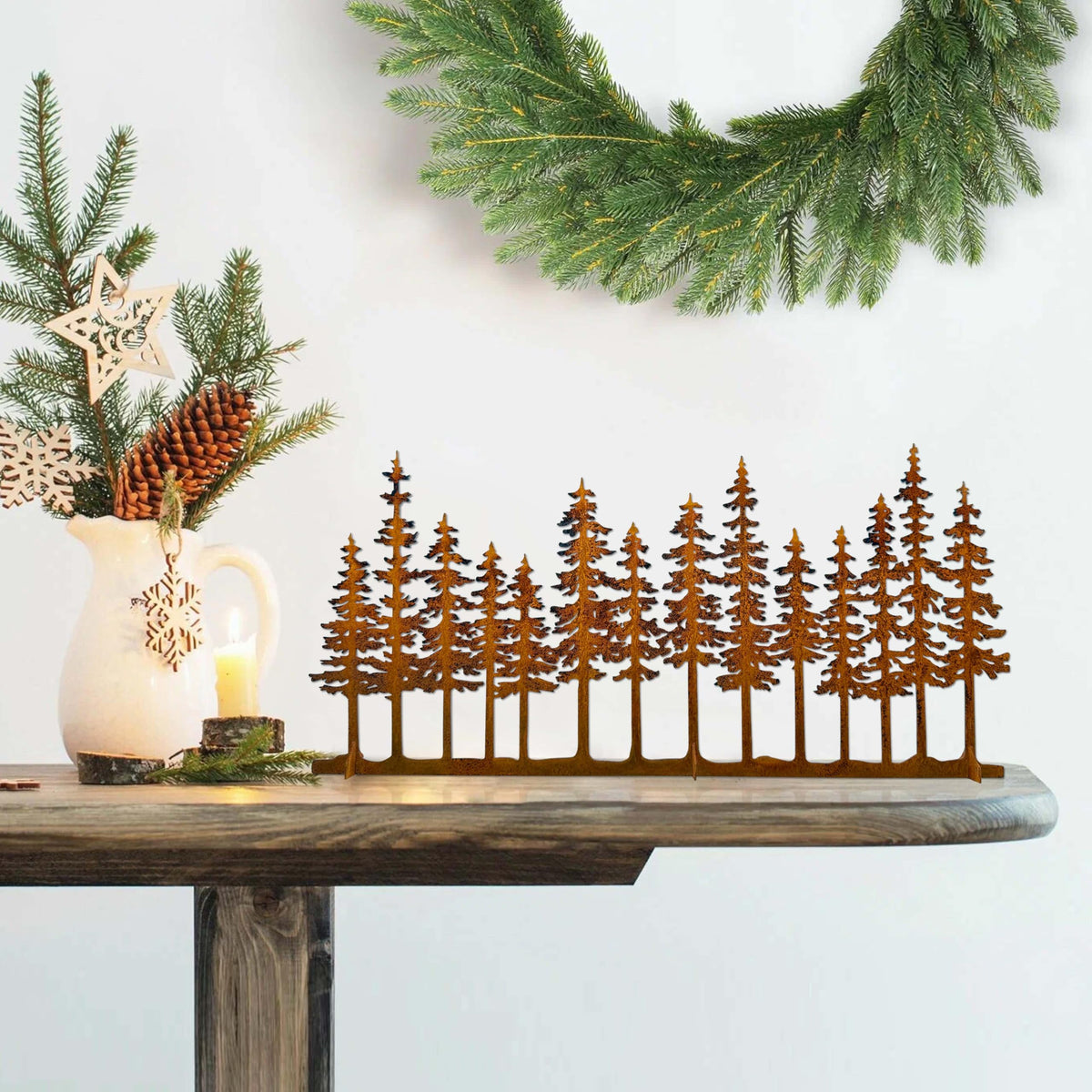 dryelves Metal Pine Tree Decor, Cabin Forest Tree and Nature Rustic Tabletop Decor, Mantel Centerpieces Shelf Decorations, Housewarming Gifts for Home Farmhouse Living Room Bedroom(Rusty)