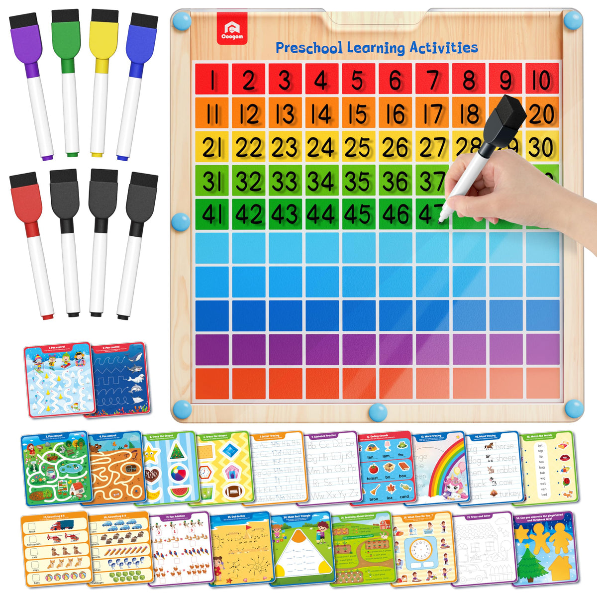 Coogam Handwriting Hundred Board, Wooden Montessori Math Manipulative 1-100 Counting Toy, Alphabet Writing Practice, Preschool Learning, Fine Motor Skills Game for Kids 3-8 with Storage Bag
