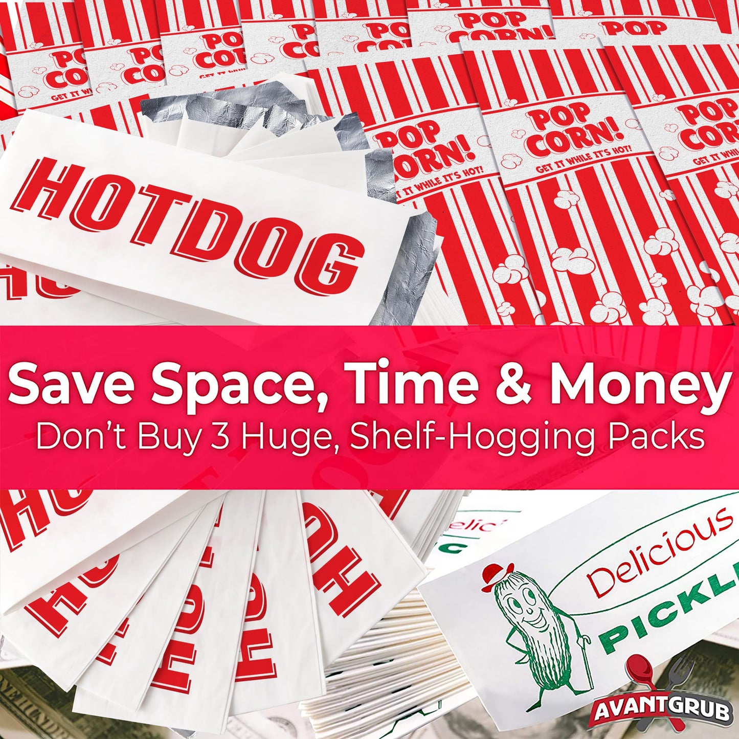 Super Fun, Grease-Proof Food Wrapper 150 Combo Pack. 50 Each Pickle, Hot Dog and Popcorn Durable Retro Bags. Snack Bag Trio for Party Favors or Treats. Great for Themed Parties, Carnival and Festival