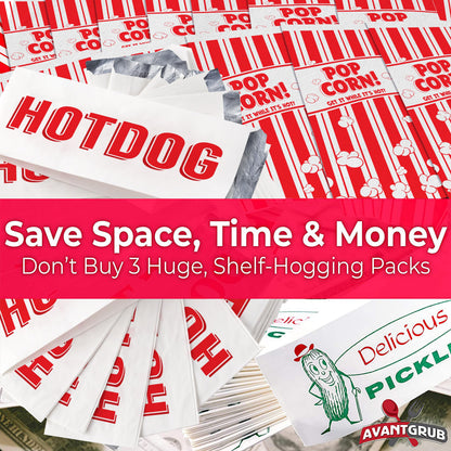 Super Fun, Grease-Proof Food Wrapper 150 Combo Pack. 50 Each Pickle, Hot Dog and Popcorn Durable Retro Bags. Snack Bag Trio for Party Favors or Treats. Great for Themed Parties, Carnival and Festival