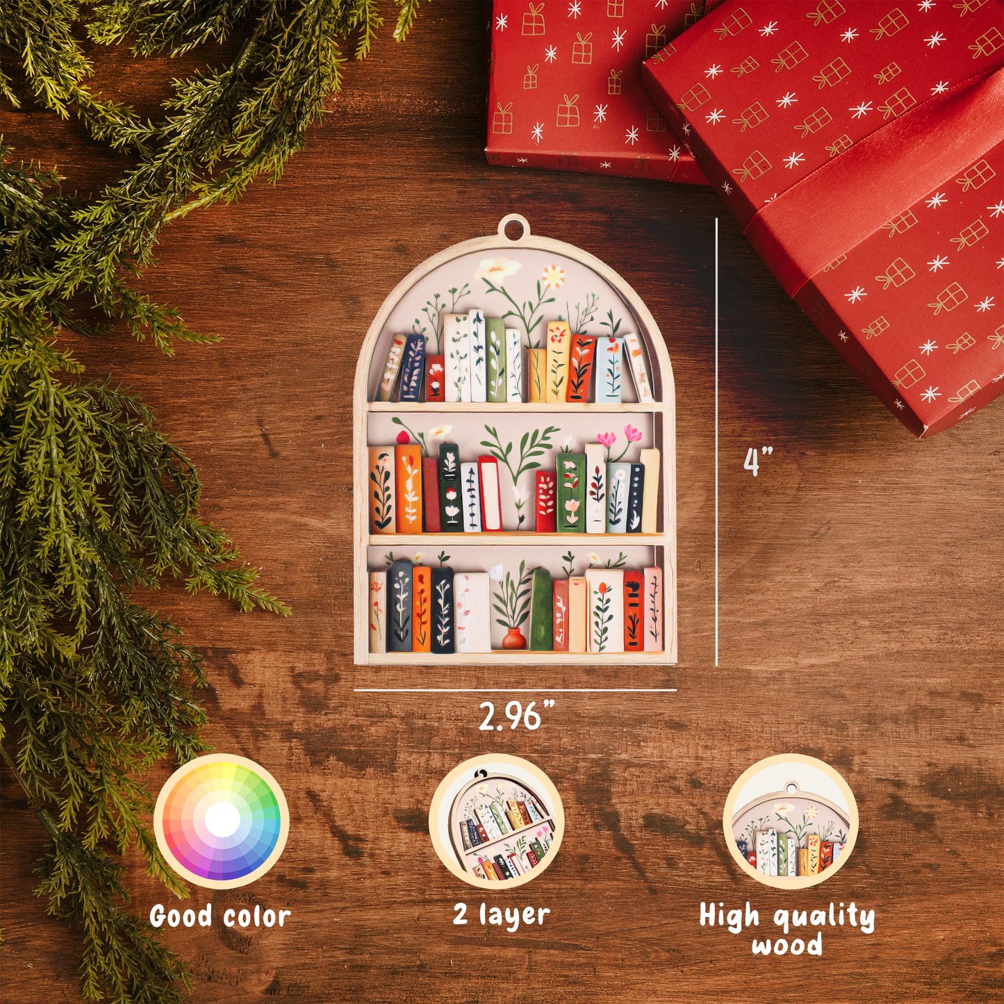 Bookshelf Ornament for Book Lovers 2026 – 2 Layer Wooden Book Ornament – Book Lover Gift for Women Readers – Bookshelf Christmas Tree Decor – Gifts for Book Lovers, Women, Librarian, Nerd, Bookish