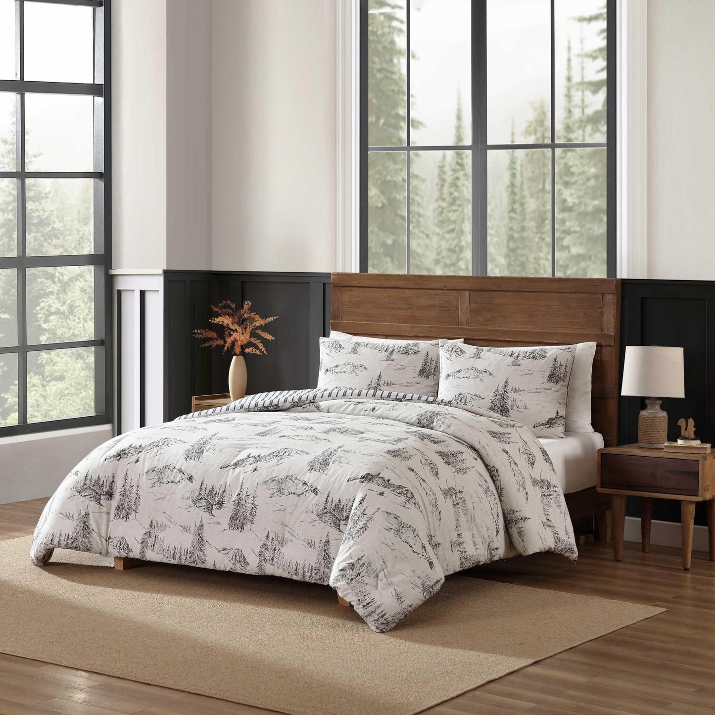 Eddie Bauer - Queen Duvet Cover Set with Shams, Cotton Percale Bedding, Reversible, Center Closure, Rocky Mountain Cabin Grey