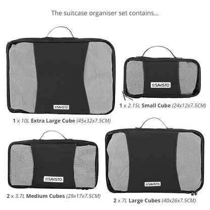 Savisto Packing Cubes 6 Piece Set, Durable & Lightweight Travel Essentials For Suitcases - Includes 1 XL, 2 L, 2 M, 1 S - Available in 8 Stylish Colours - Black