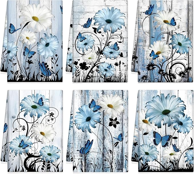 Breling Set of 6 Blue Daisy Kitchen Towel Vintage Themed Dish Towel Bathroom