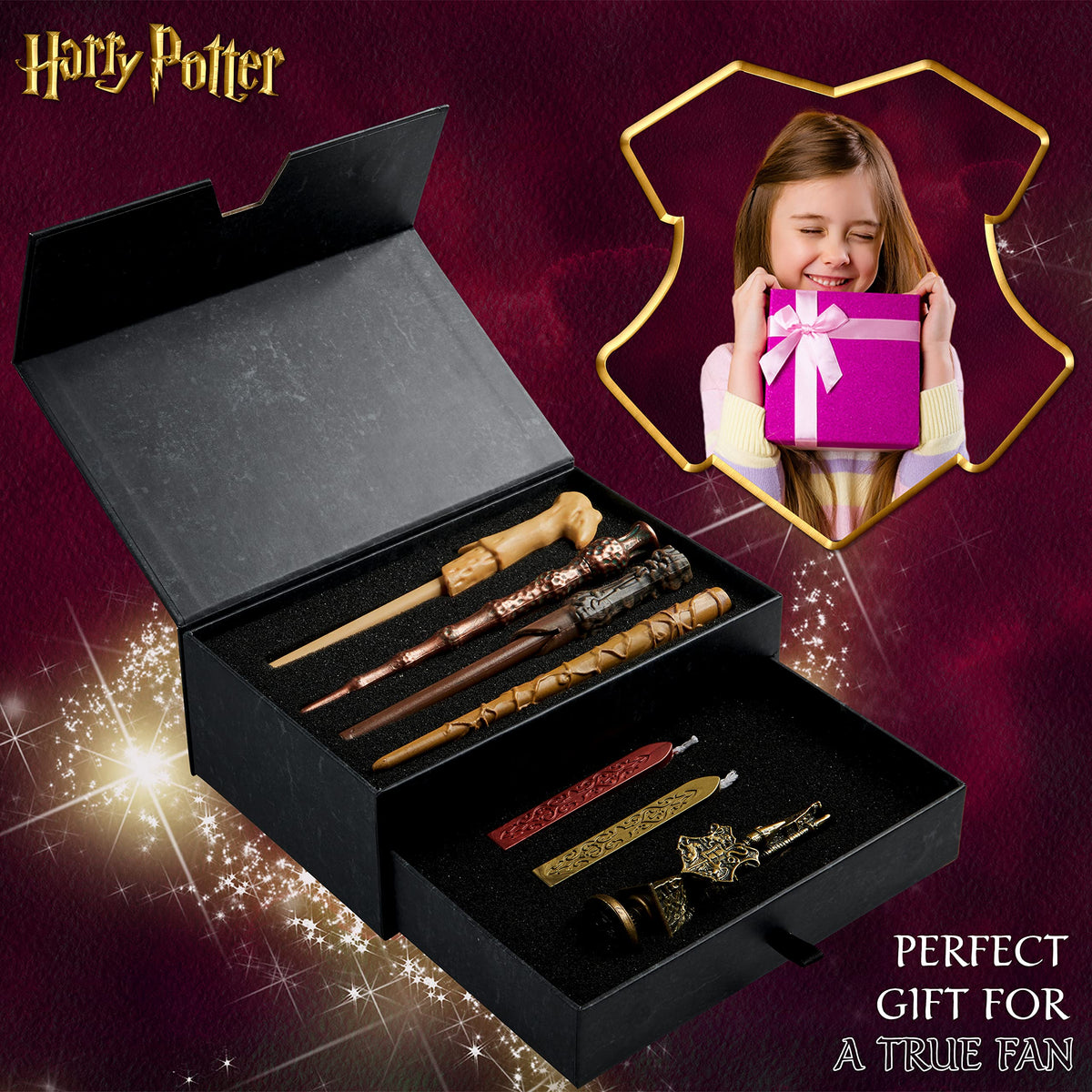 Harry Potter Gifts Writing Set with Wand Pens Stationery Box for Boys Girls Teens Kids Adults with Marauders Map Envelopes Paper Wax Stick Stamp
