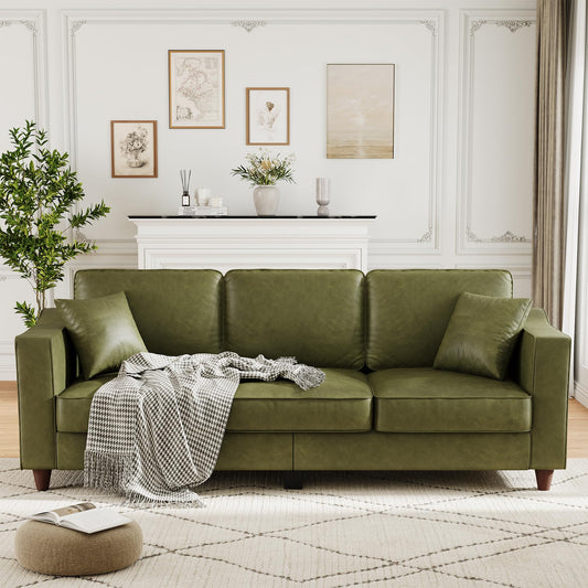 Garvee 85 Inches 3-Seater Sofa Couch with 2 Throw Pillows, Faux Leather Couch with Wide Armrests, Wood Legs, Deep Seats, Back Cushion, Sturdy Support Feet, Sofa Couches for Living Room, Olive Green