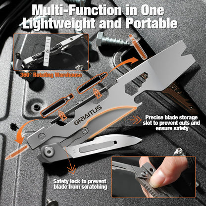 Multitool Pry Bar Wrench Tool with Flat/Phillips Screwdriver Folding Multi-tool Box Cutter Blade Knife, Bottle Opener, Steel Handle, Everyday Carry, Cycling, Camping EDC Pocket Gadget Gifts for Men