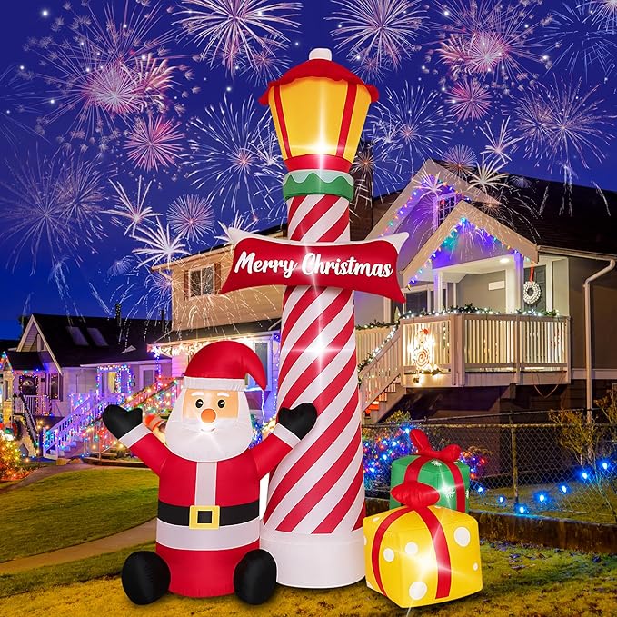 8Ft Christmas Decorations Outdoor Inflatables Giant Santa Claus Stands Under The Lighthouse with Gift Box, Blow Up Built-in LED Lights for Party Outdoor Garden Indoor Yard Lawn