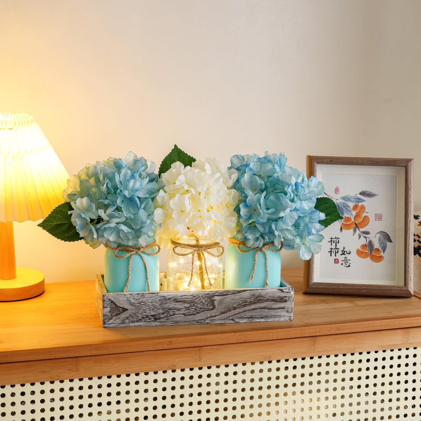Coastal Beach Decor, Mason Jar Lights Beach Party Themed Decorations Centerpieces with Hydrangea, Sarfish Decor, Wood Tray, Coastal Beachy Table Summer Decoration for Dining Room Coffee Kitchen