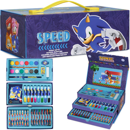 Sonic The Hedgehog Art Set for Girls Boys Colouring Sets for Children 40 Plus Pieces Travel Set Carrying Handle Painting Sets for Children Art Supplies Gifts for Boys