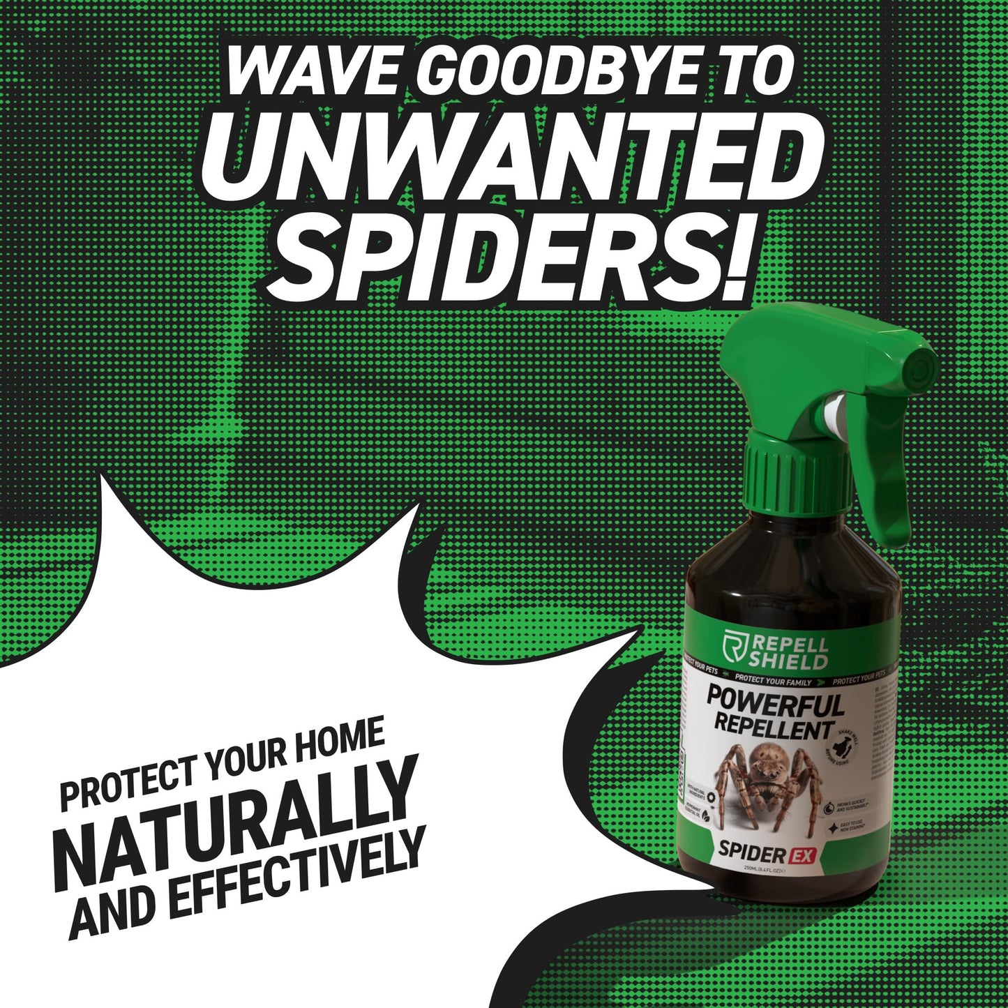 RepellShield Spider Repellent Spray - Natural Peppermint Oil Power, Pet-Safe, Non-Staining, High Efficiency Pest Control for Homes, Mint Scented, Use Indoors & Outdoors, Responsible Eradication, 250ml