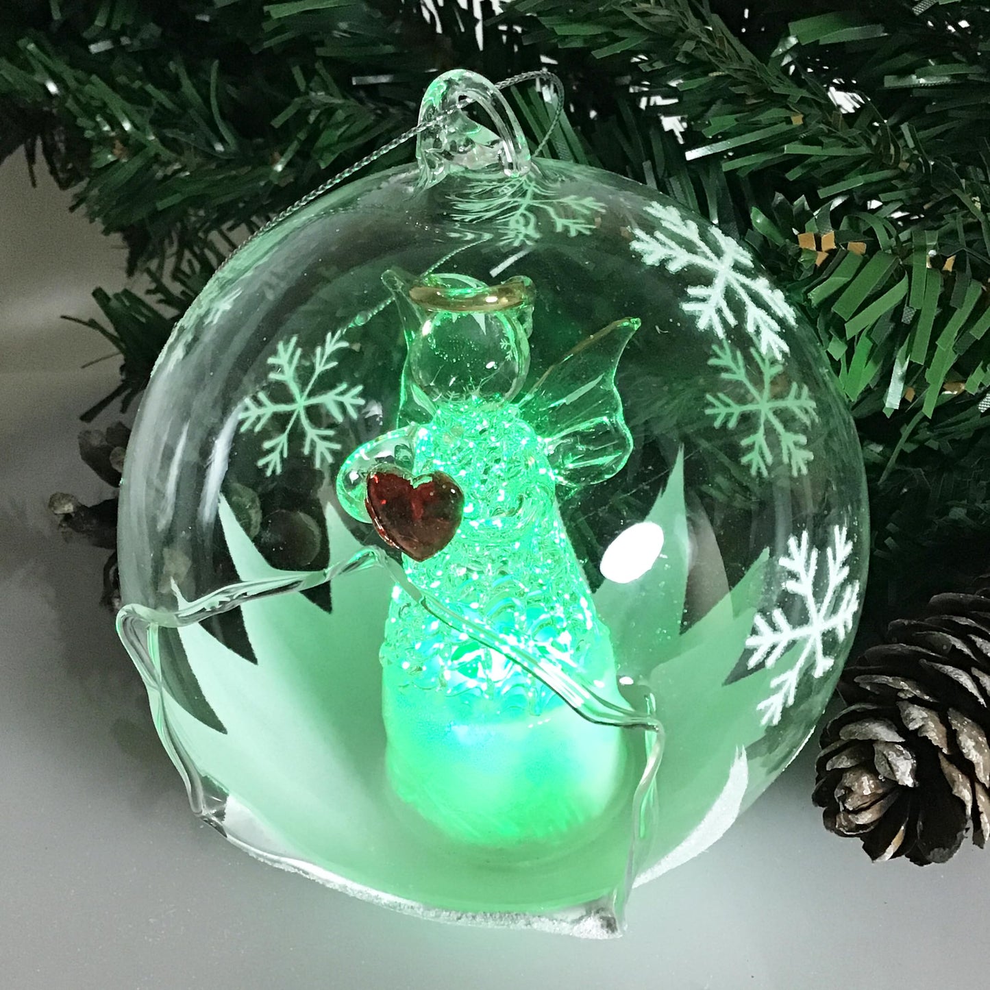 Angel with Red Heart Lighted Christmas Ball Ornaments - Hand Painted Glittery Snowflakes - Color Changing - 4 Hour Timer - 4" Diameter