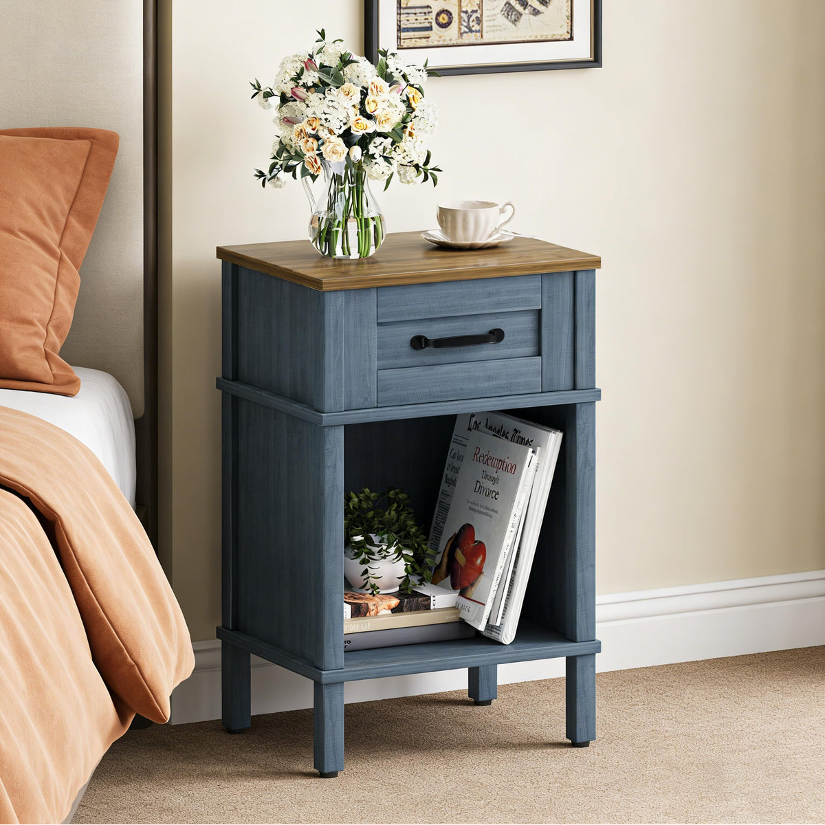 YAUKTAK Small Farmhouse Nightstand, Wood Night Stand Set, End Table with Drawer, Small Rustic Wooden Bedside Table, Bed Side Table for Bedroom, Blue end Table with Storage for Bedroom LET512LR