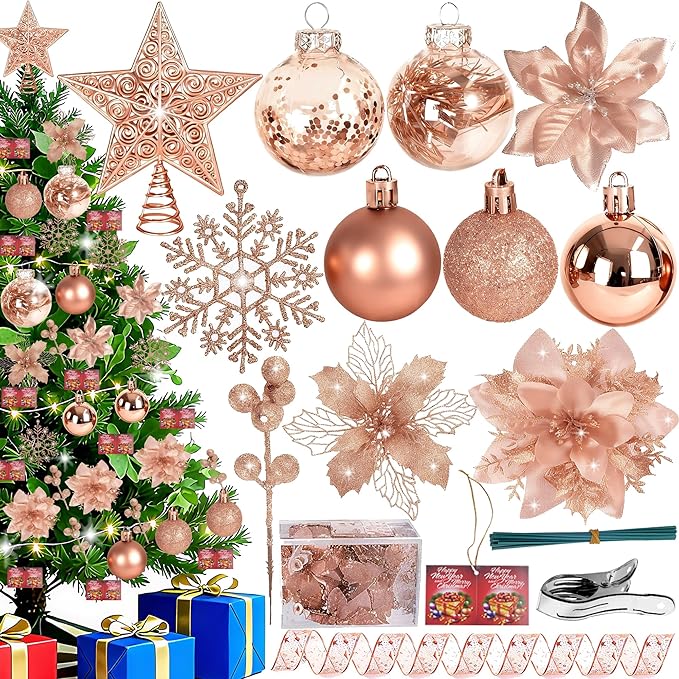76Pcs Christmas Tree Decorations Set, Rose Gold Assorted Ornaments with Large Shatterproof Plastic Balls, Star Tree Topper, Glitter Berries Stems, Ribbon for Indoor Garland Home Holiday Wedding Decor