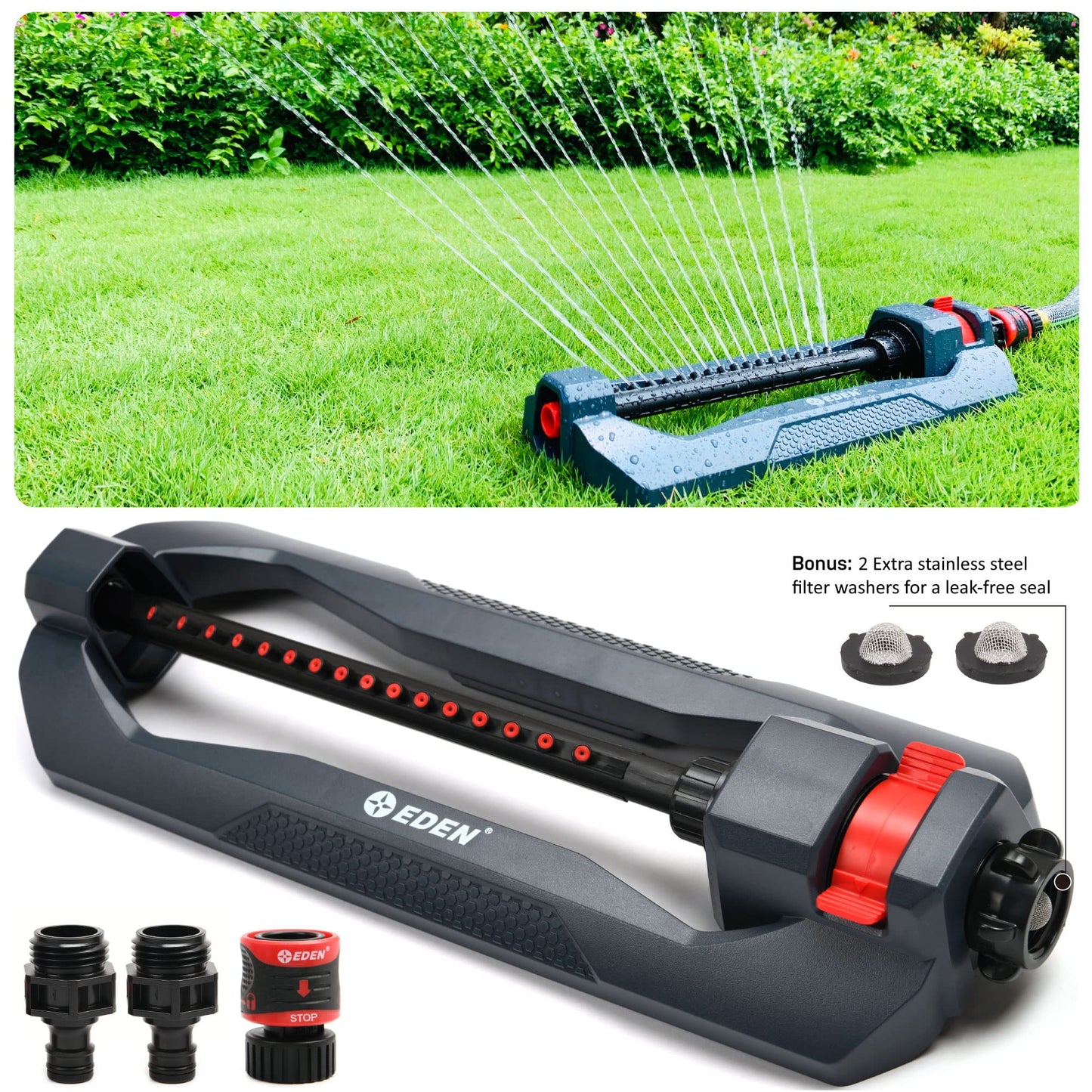 Eden 96213 Lawn & Garden Essential Oscillating Water Sprinkler for Yard W/Quick Connect Starter Set, Covers up to 3,600 sq. ft, Heavy Weight Base