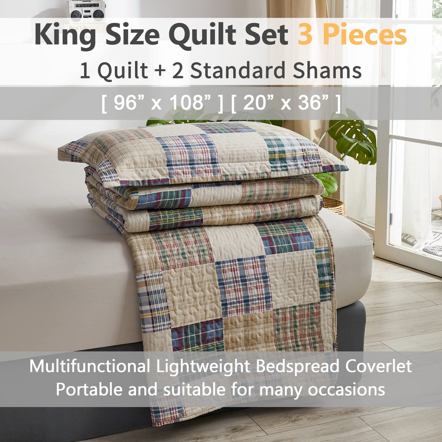 Plaid Collection King Size Quilt Set - Lightweight Reversible Bedspread with Pillow Shams, Beige